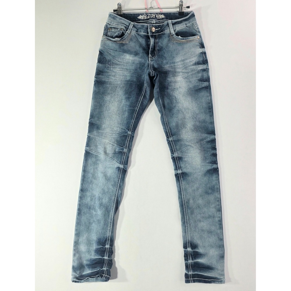UWD Juniors Skinny Jeans Medium Wash Whiskered Stretch Denim Size 7 Low Rise